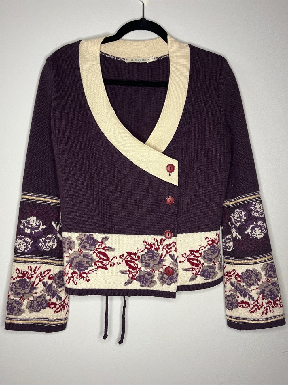 Jacqueline Riu purple floral wrap sweater cardigan wool blend
